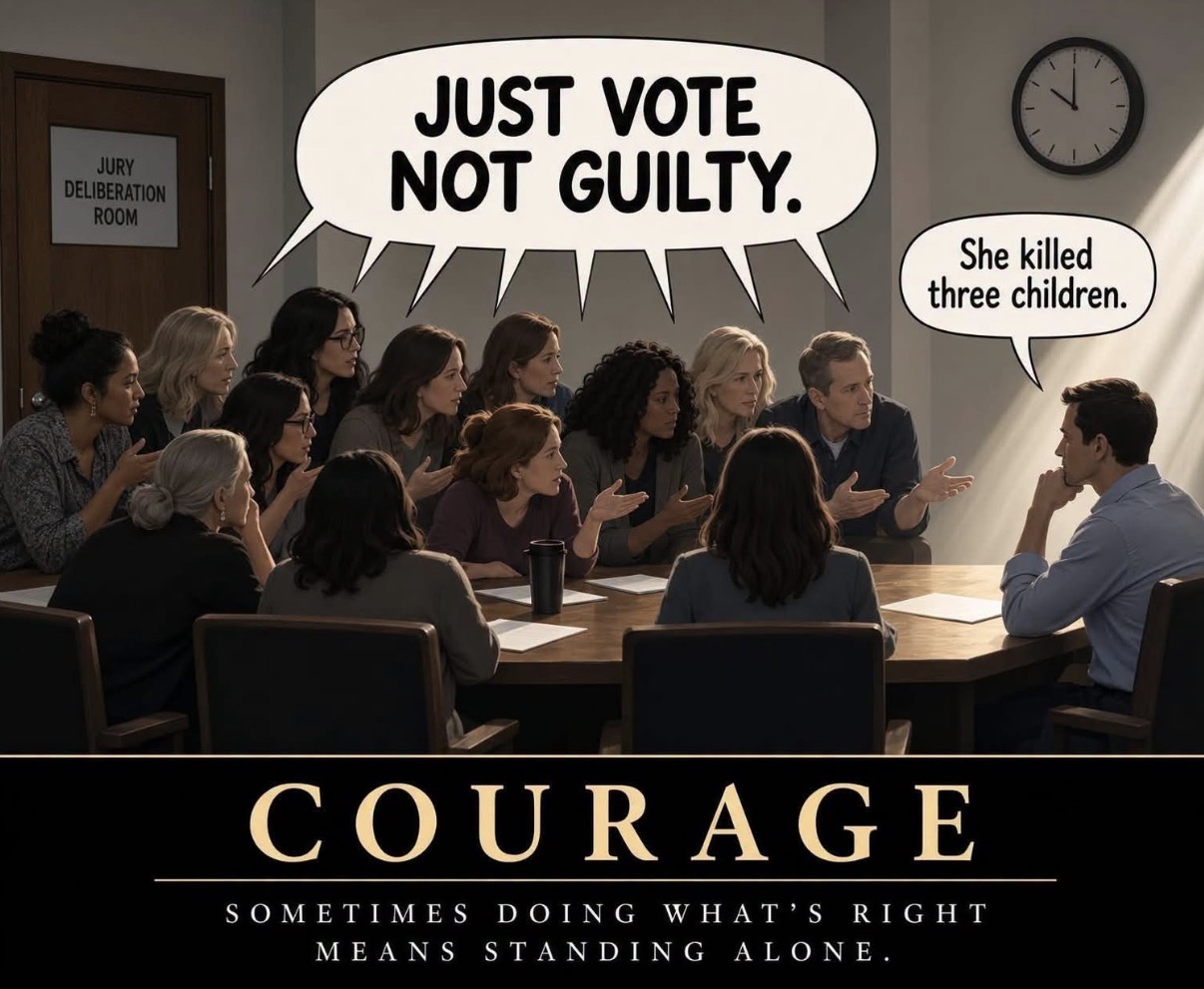 Courtroom illustration about the courage to stand alone