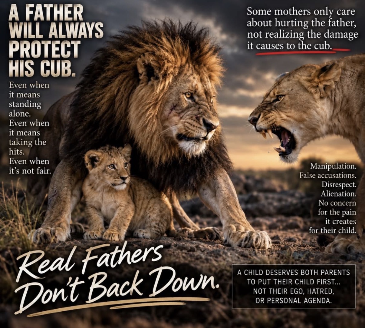 Lion illustration stating that real fathers do not back down