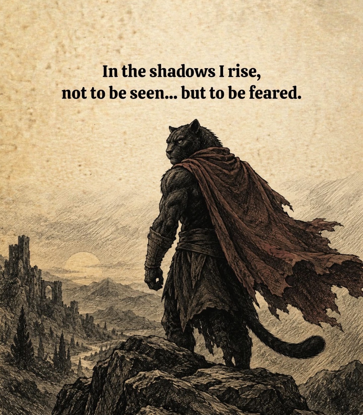 Illustration with the words In the shadows I rise, not to be seen, but to be feared