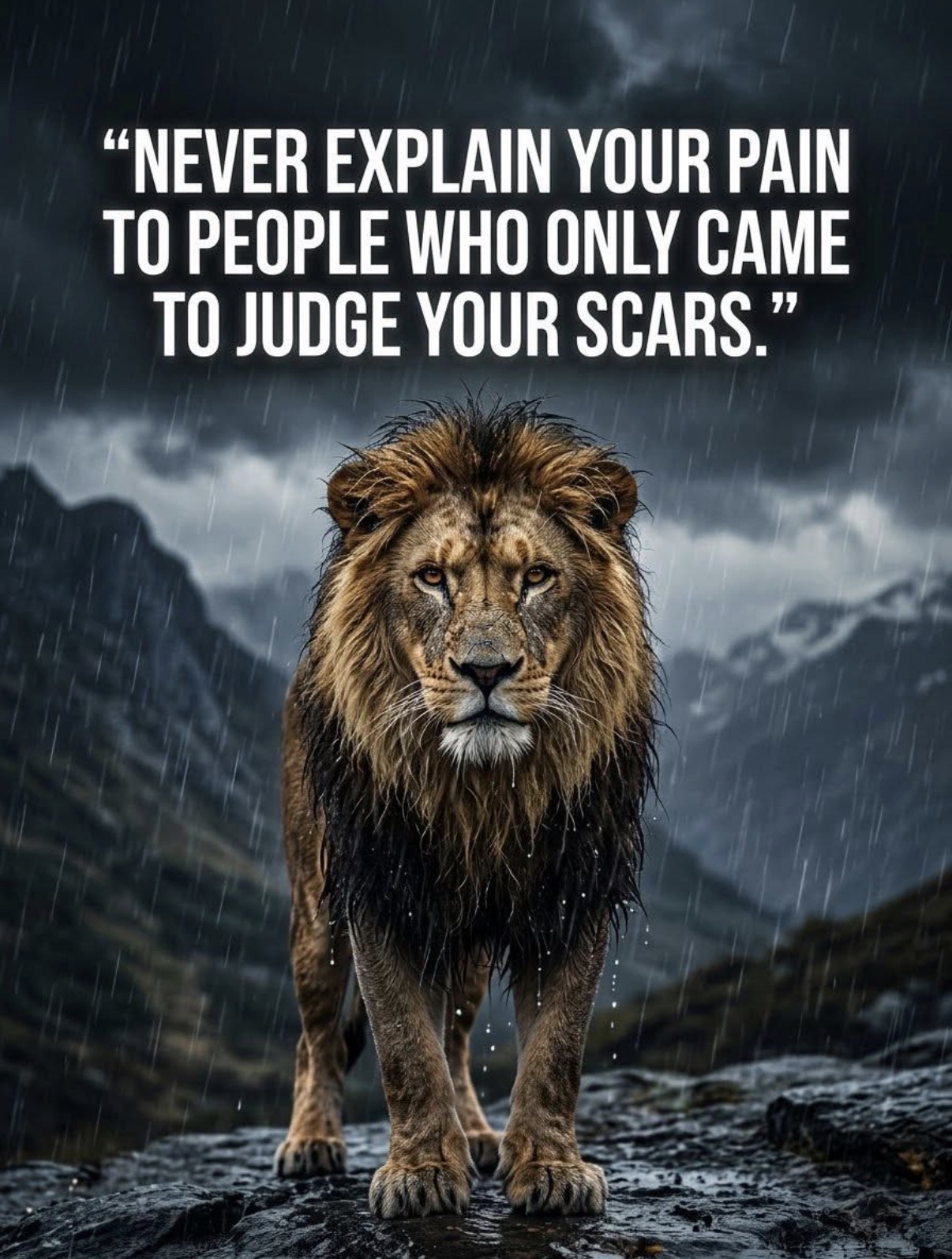 Lion image advising against explaining pain to people who only judge scars