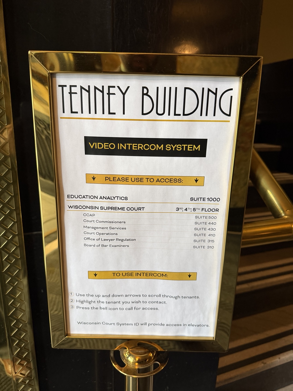 Tenney Building directory listing the Wisconsin Supreme Court