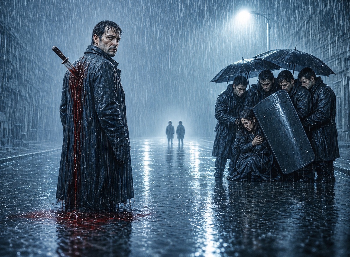 Symbolic artwork of a wounded man standing in heavy rain while others shelter behind a shield