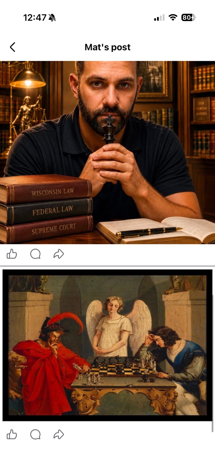 Classical symbolic artwork of two chess players with an angel standing behind the board